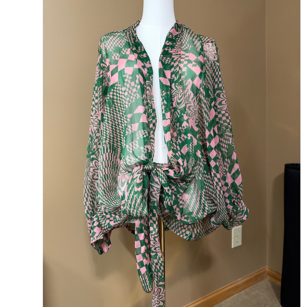 Free People Hypnotic Shimmer Tie Front Kimono OS Green Pink Sheer Boho